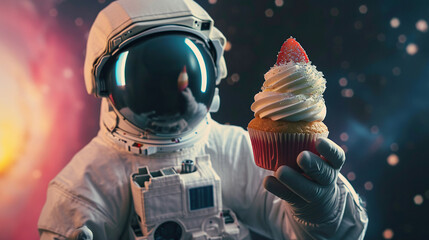 Spaceman holding in gloves cupcake in open space