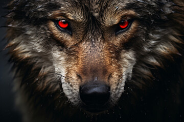 Gray wolf face, in the style of detailed atmospheric portraits, dark gold and red, macro zoom, aerial photography, soggy, 3840x2160, mysterious symbolism

