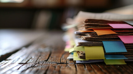 Close-up of a large stack of worn and tattered files or folders with various colored post-it tabs sticking out - obrazy, fototapety, plakaty