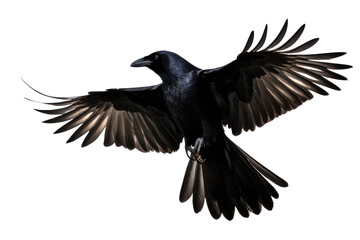 a high quality stock photograph of a single flying spread winged crow isolated on a transparant or white background