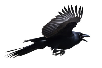 Fototapeta premium a high quality stock photograph of a single flying spread winged crow isolated on a transparant or white background