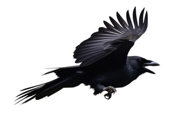 a high quality stock photograph of a single flying spread winged crow isolated on a transparant or white background