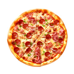 Top view of Delicious pepperoni pizza and tomato basil cooking ingredients, PNG file, isolated background.