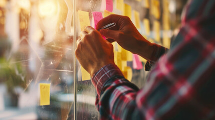 Person in a plaid shirt writing on sticky notes during a brainstorming session.