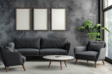 Mid-century home interior design of modern living room. Dark grey sofa and chair against grey wall with three art frames.