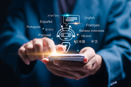 Automatic translation system. Person use mobile smartphone with virtual robot for artificial intelligence technology helps translate languages.