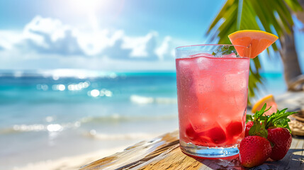 Cocktail drink with blur sunny beach background - obrazy, fototapety, plakaty
