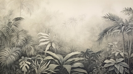 Retro mural photo wallpaper jungle and graceful leaves tropical forest vintage background graphics painting art card poster print interior - generative AI - obrazy, fototapety, plakaty