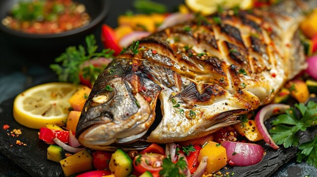 Grilled fish with vegetable salad onion. Ai generative