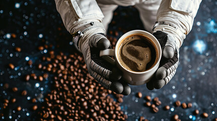 Spaceman drink a cup of coffee in coffee store