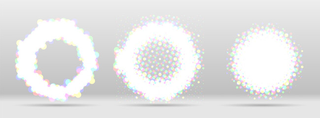 Halftone dotted background circularly distributed frame for business advertising, catalog or annual report cover. Halftone effect vector hipster pattern. Modern Circle Holographic Dots on the white.