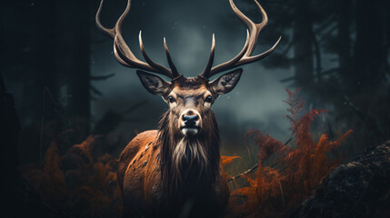 A red deer that looks like its in a tree,, in the style of dark and dramatic chiaroscuro portraits, cinematic composition, selective focus, large canvas format, wimmelbilder

