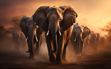 The elephants are walking in the sunset, in the style of photo-realistic landscapes, elegant, emotive faces, light red and light gold


