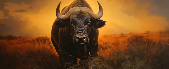 Cercles muraux Parc national du Cap Le Grand, Australie occidentale A golden buffalo in a sunset, in the style of macro lens, himalayan art, photo-realistic landscapes, strong facial expression, light black and brown, zaire school of popular painting, unprimed canvas 