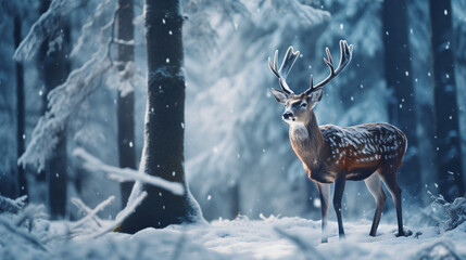 A deer standing in the snowy woods, in the style of photorealistic rendering, festive atmosphere

