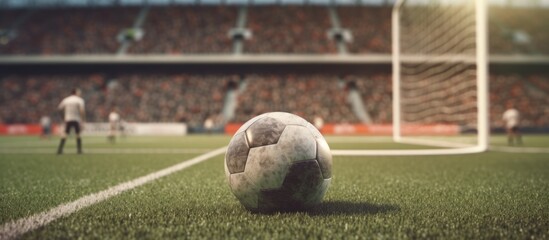 textured soccer game field with ball in front of the soccer goal. - center, midfield. - obrazy, fototapety, plakaty