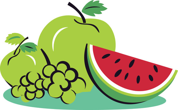 Green apple, grapes, and sliced watermelon on white. Healthy eating, fruit assortment, fresh summer fruits vector illustration.