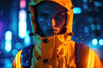 Studio portrait of a young European man with a futuristic cyberpunk look, wearing neon attire, isolated on a dystopian city background