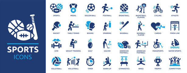Sports icon set. Containing football, basketball, trophy, competition, medal, gym, volleyball and more. Solid vector icons collection. - obrazy, fototapety, plakaty