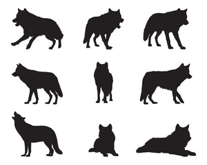 Wolf silhouette set - isolated vector images of wild animals