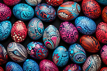 Easter. Vibrant Patterns Adorn a Background of Hand-Painted Eggs