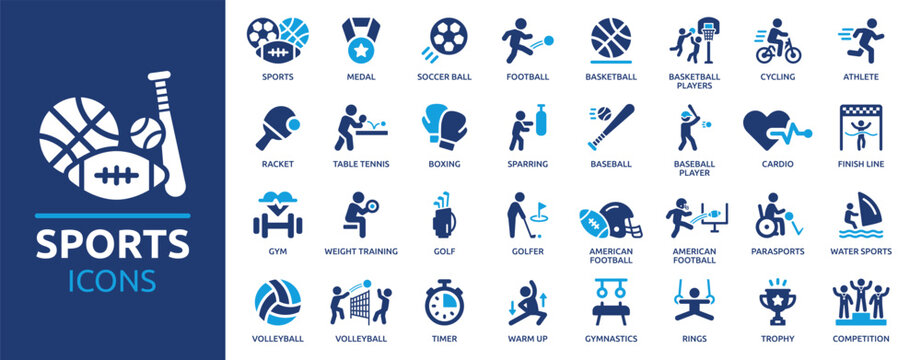 Sports icon set. Containing football, basketball, trophy, competition, medal, gym, volleyball and more. Solid vector icons collection.