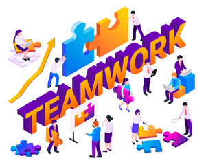 Isometric business teamwork composition background with business people assembling a puzzle