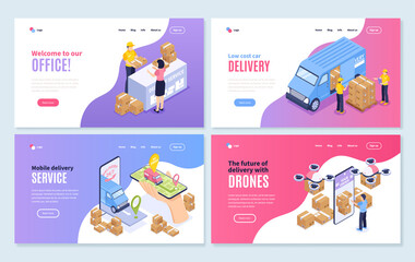 Isometric delivery landing page template collection with delivery men delivering a package