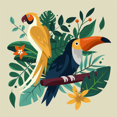 Flat exotic flora and fauna illustration with a toucan, parrot and tropical plants - obrazy, fototapety, plakaty