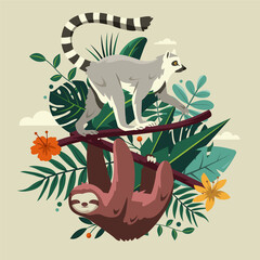 Flat exotic flora and fauna illustration with a lemur and a sloth and tropical plants © Macrovector