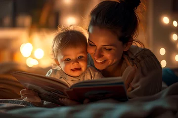 Fotobehang Woman Reading Book to Baby, Bonding and Early Learning Experience © Nedrofly