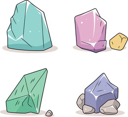 Four colorful cartoon gemstones with different shapes and sizes. Hand-drawn crystals collection for games or education. Cartoon minerals and gems concept vector illustration.