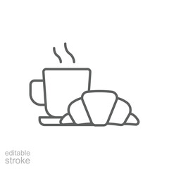 Coffee and croissant icon. Simple outline style. Bread, pastry, crescent, food and drink concept. Thin line symbol. Vector illustration isolated. Editable stroke.