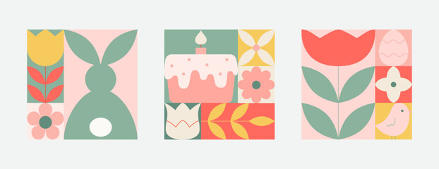 Easter geometric blocks with bunny, easter cake, flowers, tulips for cards, banner.
