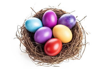 Easter Elegance. Multicolored Eggs Arranged in a Nest on a White Surface. Top view