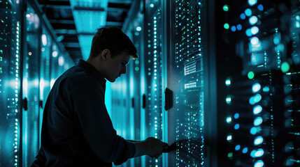 Fototapeta premium Man is standing in a data center with rows of server racks, holding a tablet and presumably managing or monitoring the network infrastructure.