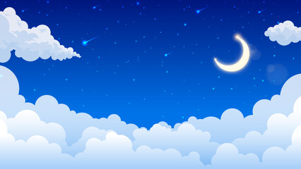 Fluffy clouds night scene with moon and stars