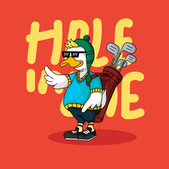 Cute Duck playing golf vector illustration for fabric, textile and print