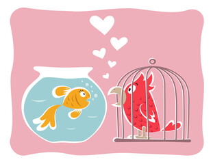 Cartoon Valentine's Day Fun Cute Humor Parrot Golden Fish Heart Declaration Love Pink Red