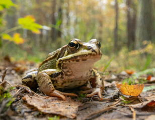 Obraz premium Common green frog in the forest, blurry background, wildlife