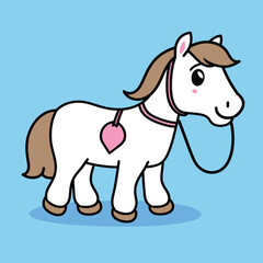 Cute cartoon pony with pink collar and heart tag. White horse with brown hair smiling on blue background. Child-friendly animal character vector illustration.