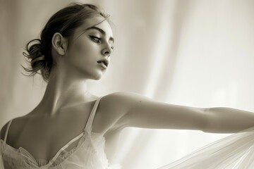 Young American female model as a classic ballerina, in a ballet pose, with a soft, ethereal backdrop.