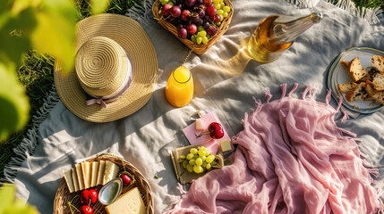 Aerial view of a picnic spread with various foods and a straw hat on a blanket in a sunny grassy...