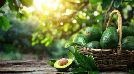 avocado in basket with leaves on wooden table and avocado tree farm with sunlight background.