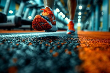 Runner in Orange Athletic Shoes on Treadmill, Gym Workout - obrazy, fototapety, plakaty