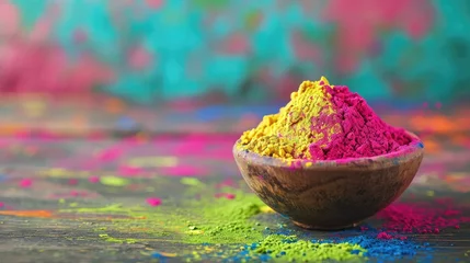 Fotobehang colorful holi powder in bowl on wooden table closeup on the table happy holi festival of colors art © buraratn