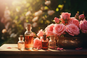 rose essential oil bottles and flowers in garden, rose harvesting, extraction absolute production, Generative AI - obrazy, fototapety, plakaty