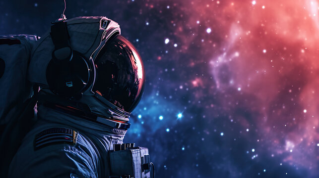 An astronaut wear a headphones over helmet and listen music in open space background