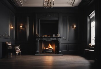 Empty classic interior of a room with fireplace over black wall