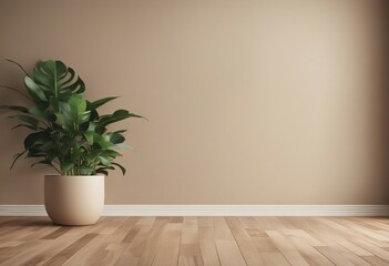 Empty room interior background beige wall pot with plant wooden flooring 3d rendering